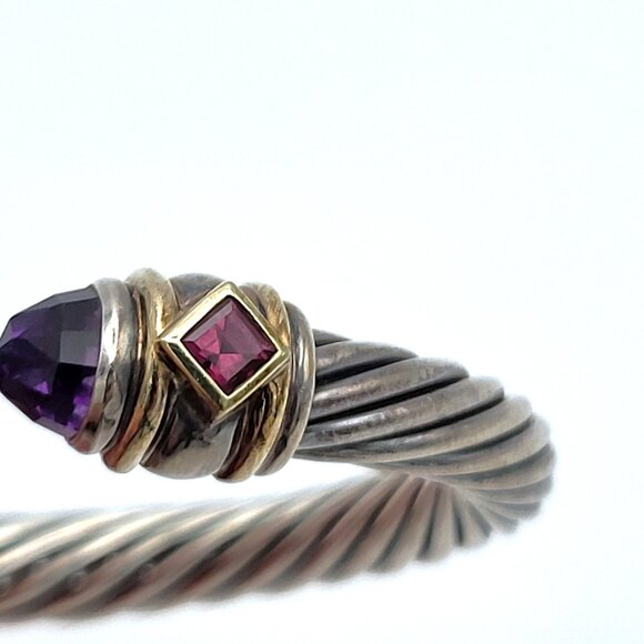 David Yurman 7mm Rennaissance Cable Amethyst & Garnet Bangle Cuff .925 & 14kt - Picture 3 of 10
